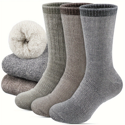 3 Pairs Of Men's Thermal Wool Crew Socks, Comfy & Breathable Soft Elastic Warm Socks For Outdoor Activities, Winter & Autumn